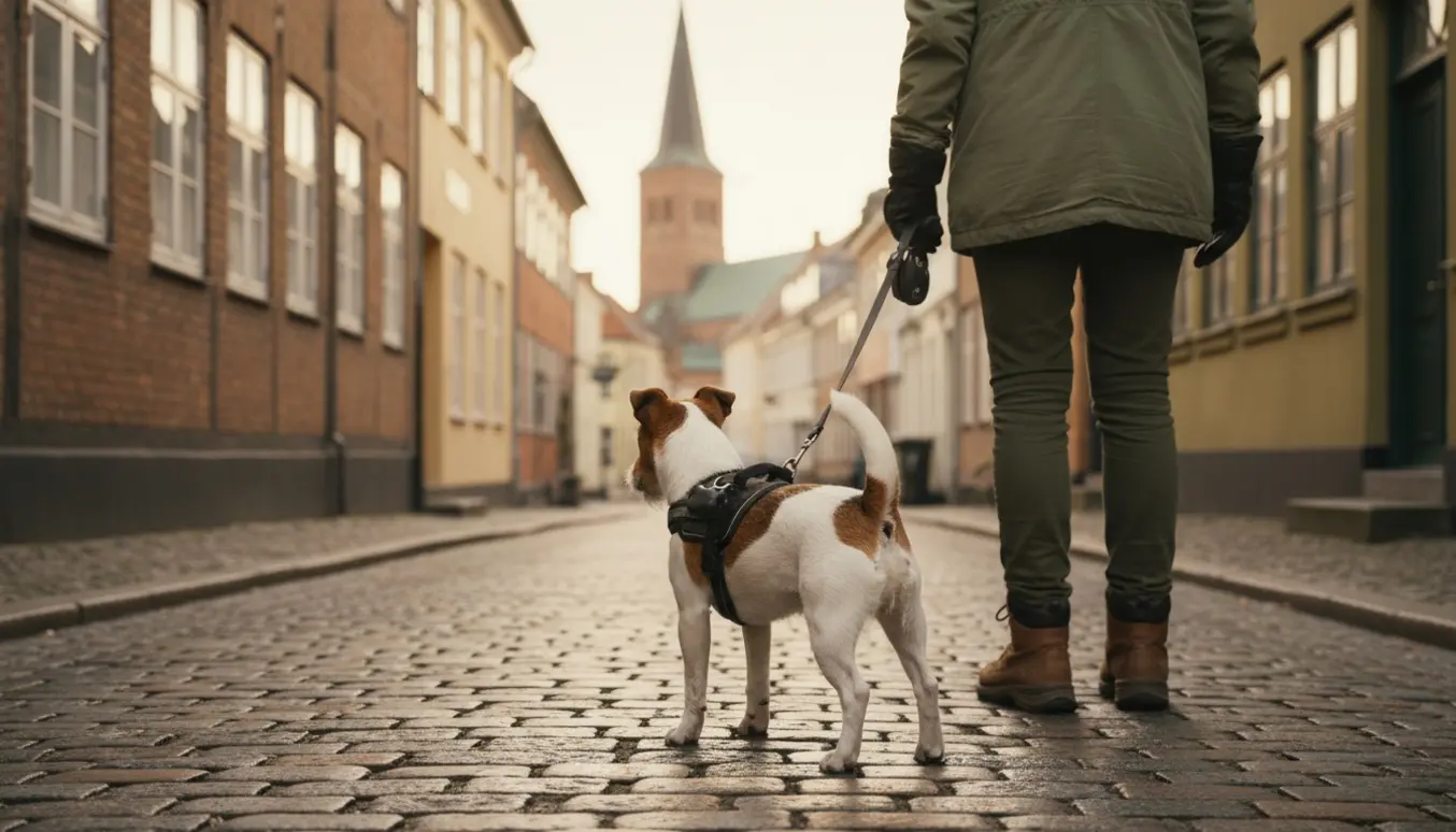 En lille foxterrier i snor går gennem Viborgs bymidte ført af en person med kun hænder og krop synlige.