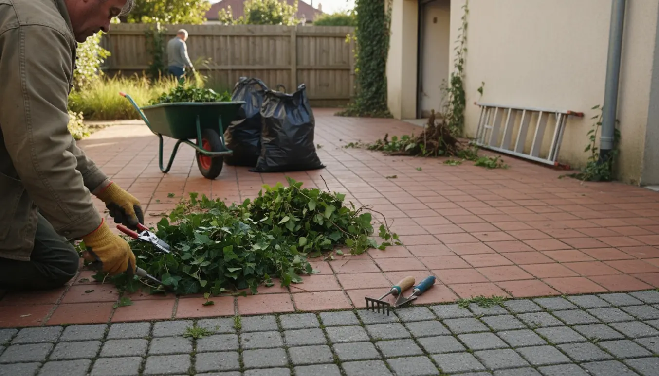Gartner fjerner efeu fra en muret terrasse og garage, med trillebør og poser til afskårne planter, ukrudt ryddet langs hegn og i fuger.