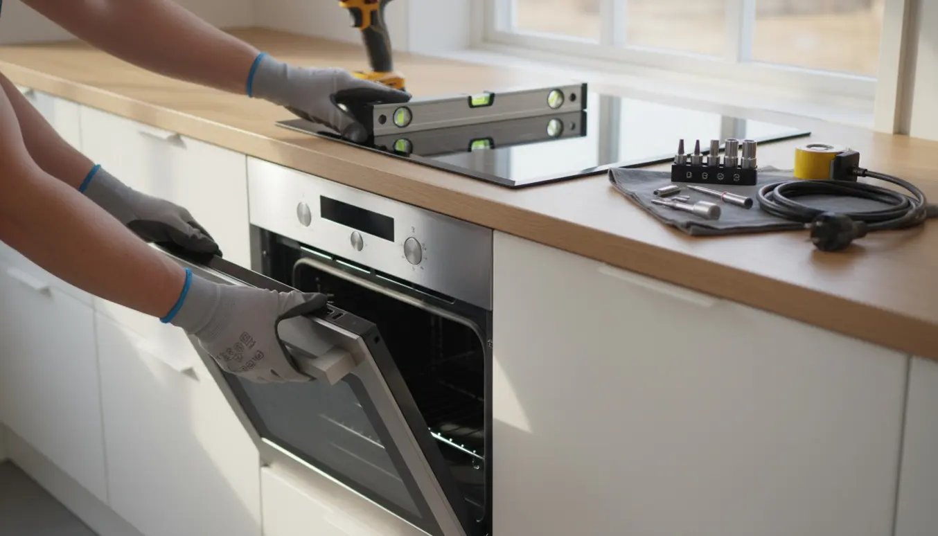 Hænder installer en ny indbygget ovn og kogeplade i et lyst køkken med værktøj på bordet.