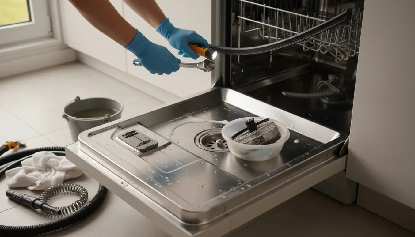 Åben opvaskemaskine med vand ved bundfilteret og handsker, der arbejder med afløbsdel og værktøj.