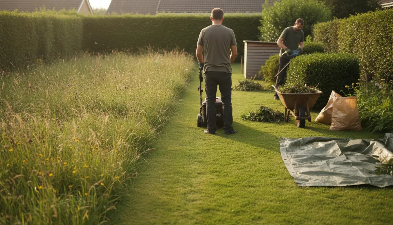 Gloved hånd skubber plæneklipper langs nyslået stribe med overgroet græs og beskårede buske ved siden af en trillebør og poser til grønt affald.