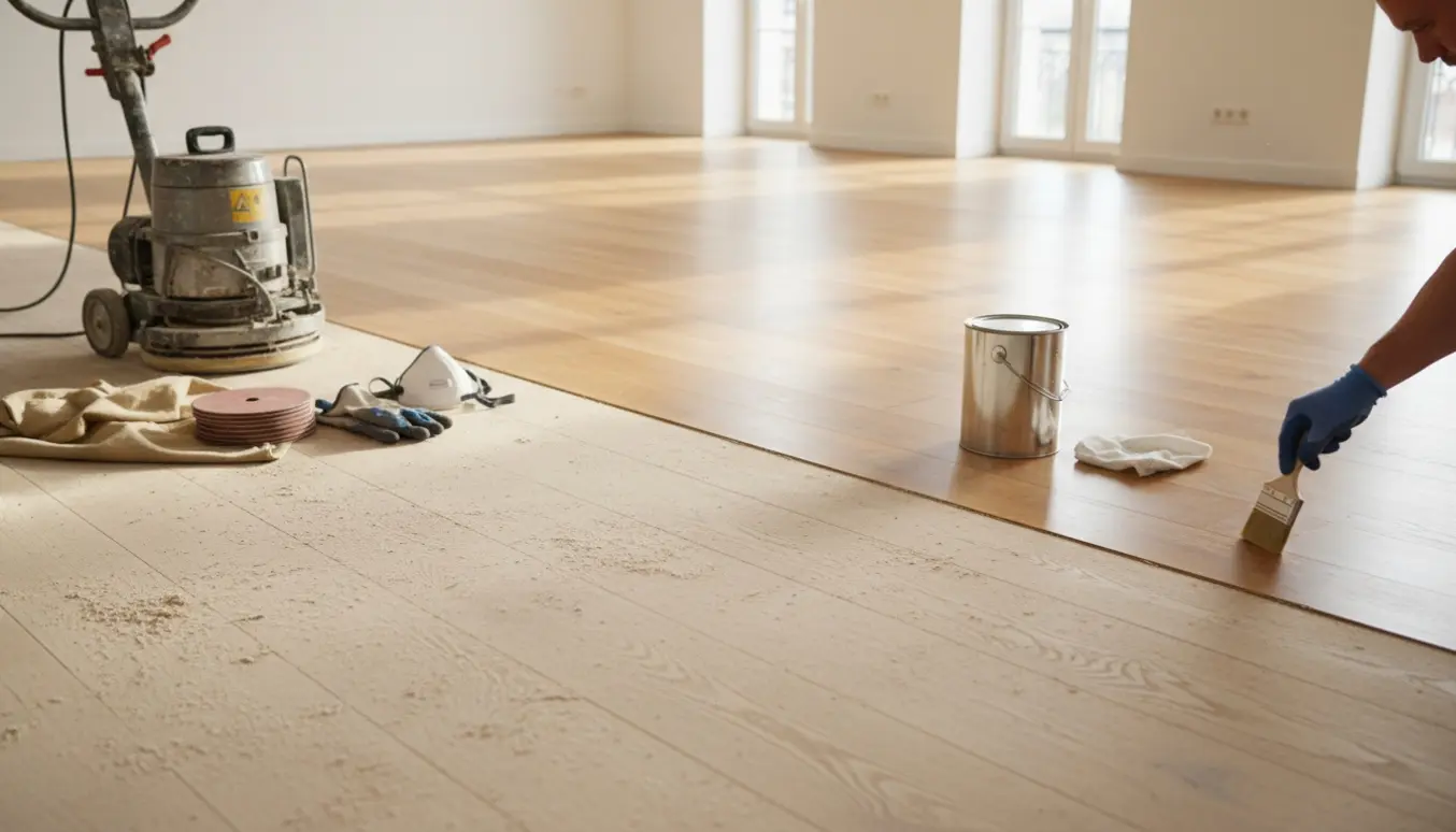 Delvist slebet og behandlet trægulv i et lyst rum med slibemaskine, åbent oliekar og værktøj.