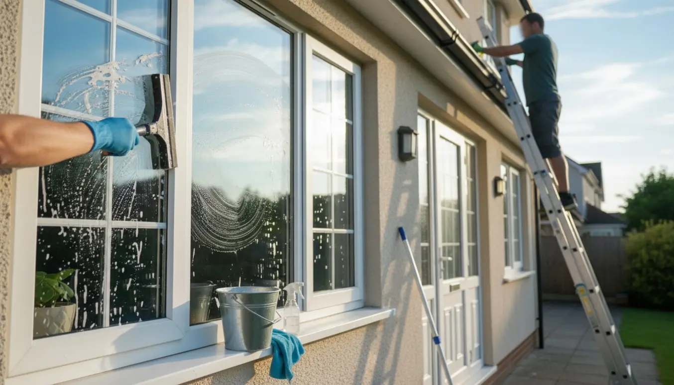 Udvendig vinduespudsning af husfacade med fem 4-fags vinduer, ét to-rudebundet stuevindue og tre døre med glas, renseredskaber i forgrunden.