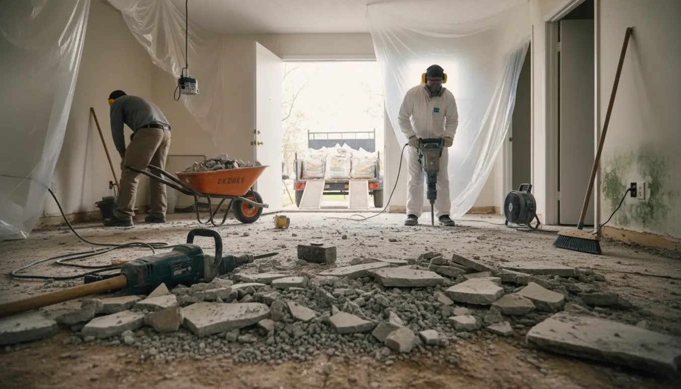 Renoveringsscene i stueetage med opbrudt beton, arbejdere i P3-åndedrætsværn og trailer udenfor til bortkørsel.