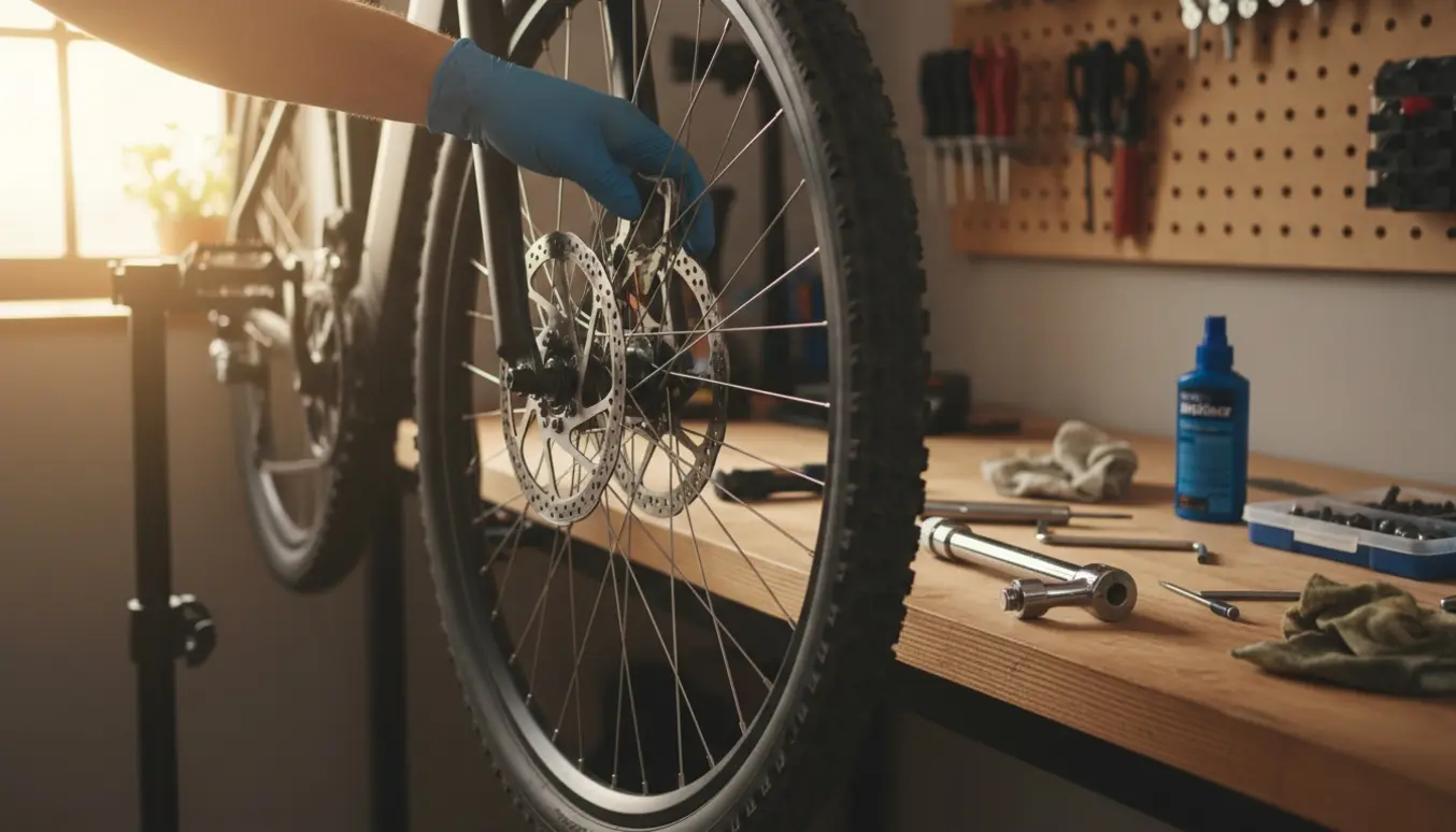 Nærbillede af handsker, der udskifter bremseklodser og justerer forbremse på en elcykel monteret på et arbejdsstativ.