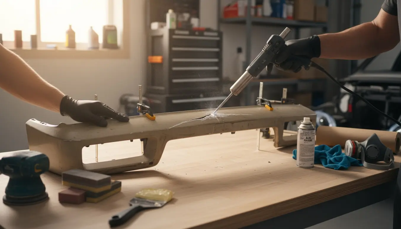 Afmonteret plastforkofanger fra 1980'ernes bil repareres med varm luft-svejsning og spartel på et lyst værksted.