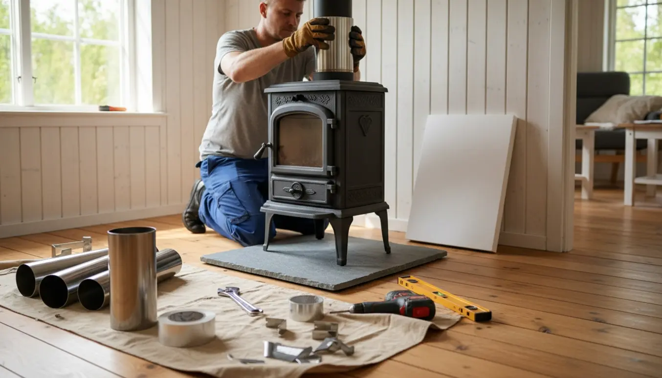 Hænder monterer en sort støbejernskamin og stålskorsten i et lyst træbeklædt sommerhus.