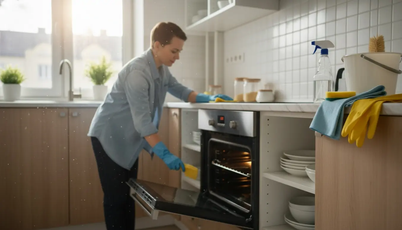 Handskenklædt hånd tørrer en stikkontakt af, mens ovnen og køkkenbordet rengøres i et lyst lejlighedskøkken.
