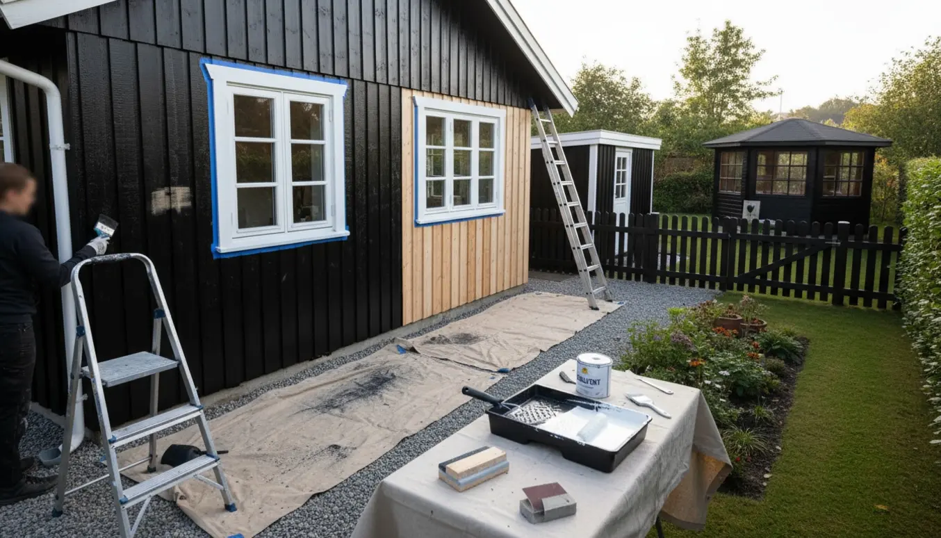 Kolonihavehytte delvist nymalet sort med hvide vinduer, malerredskaber og afdækningsdug i haven.