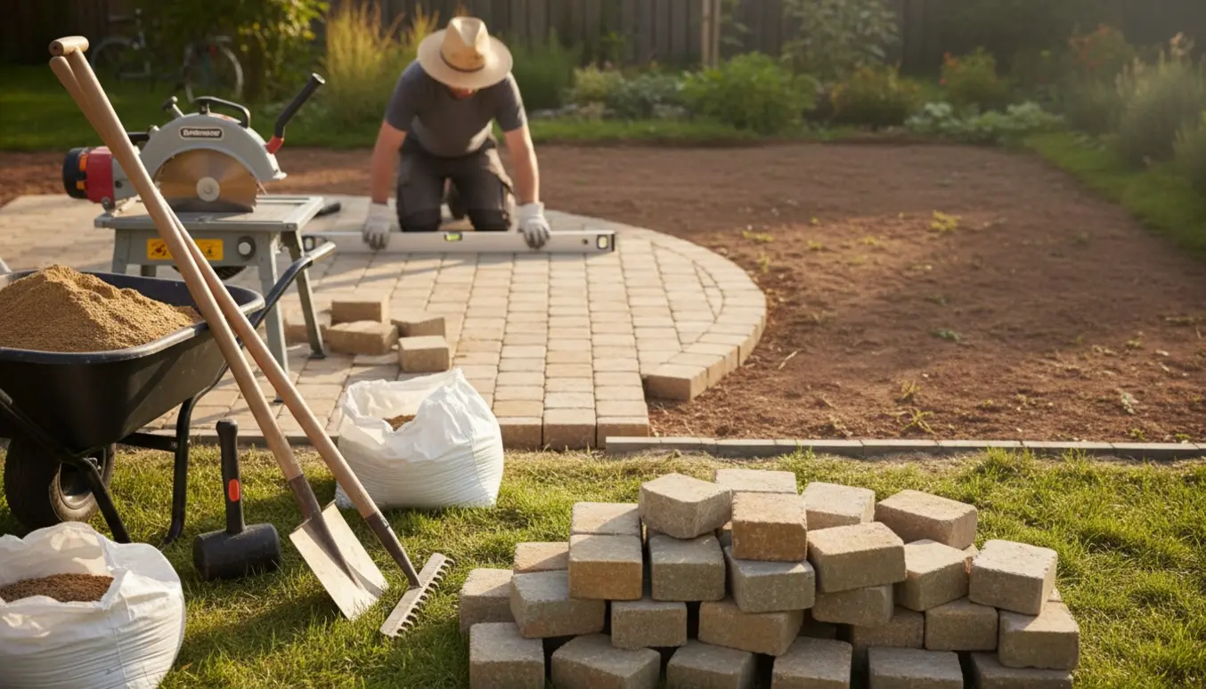 Forberedt terrasseområde med herregårdssten, sand, værktøj og buet kant klar til lægning.