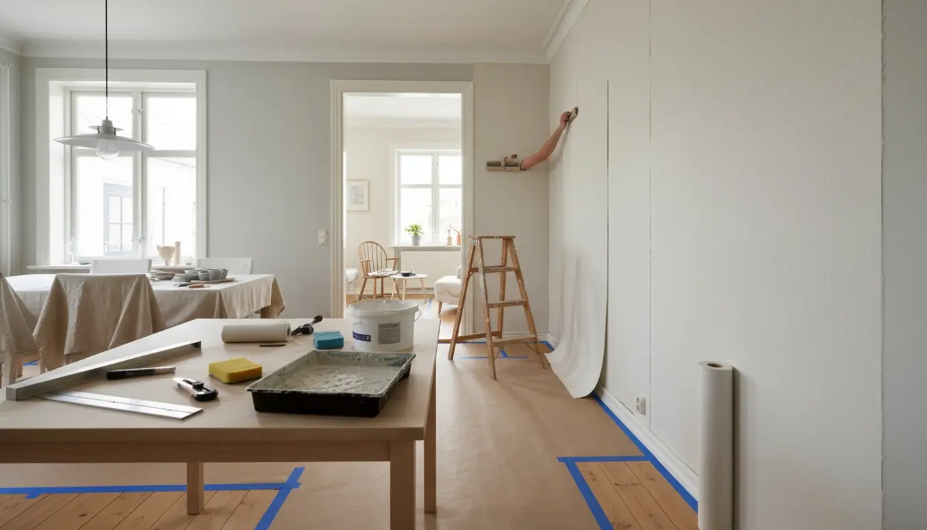 Hænder glatter filt op på en væg i et lyst køkken-alrum med værktøj og beskyttet gulv.