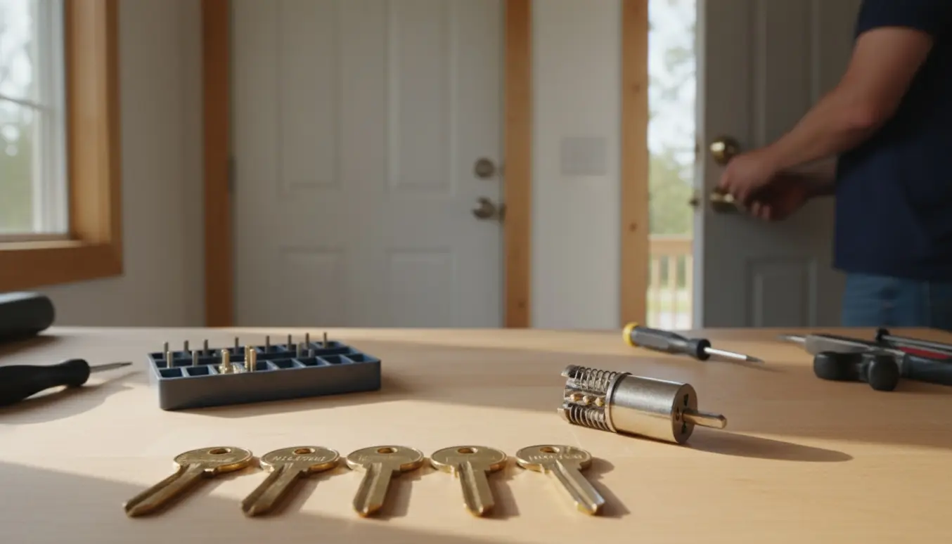 Håndværker monterer ny låsecylinder på et værkstedsbord med fem ens nøgler og tre døre i baggrunden.