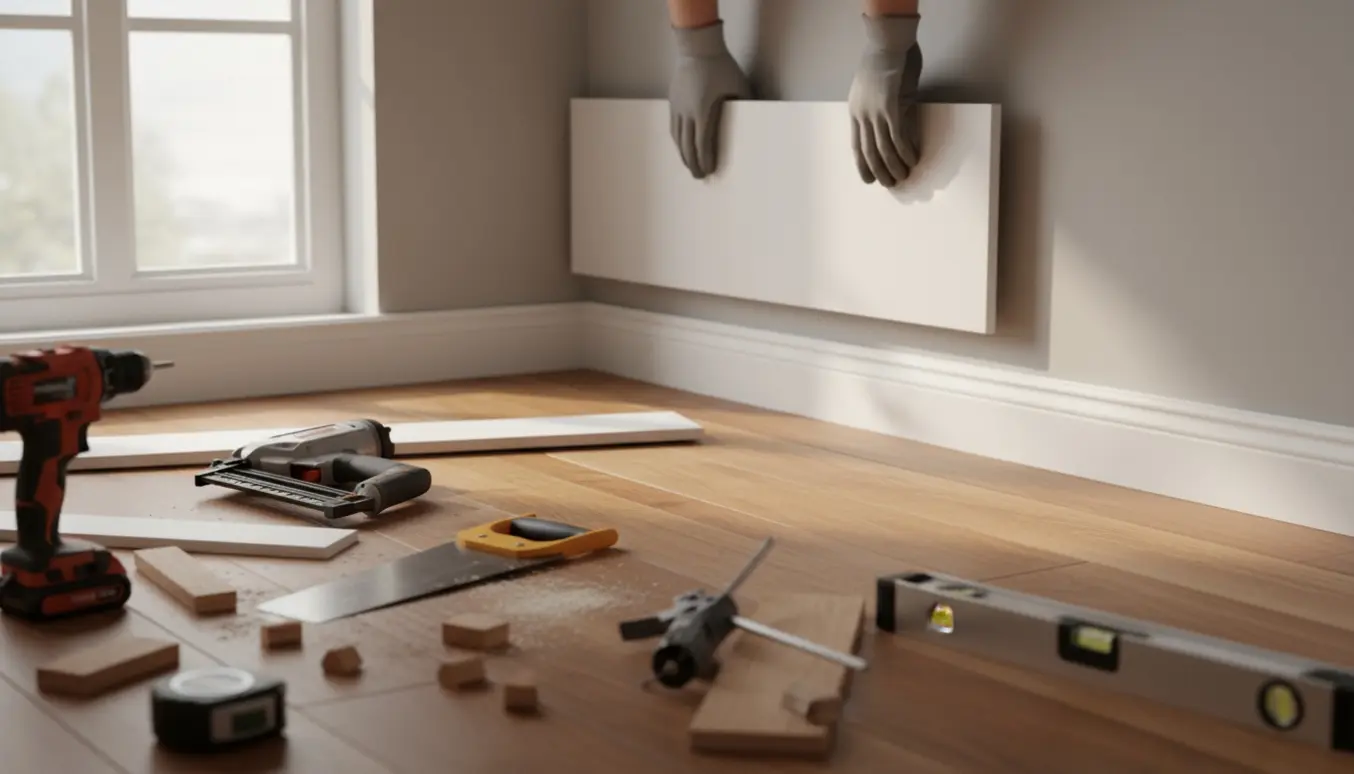 Hænder monterer hvide gulvpaneler og fodlister langs en nymalet væg med værktøj og savstøv på det nye gulv.