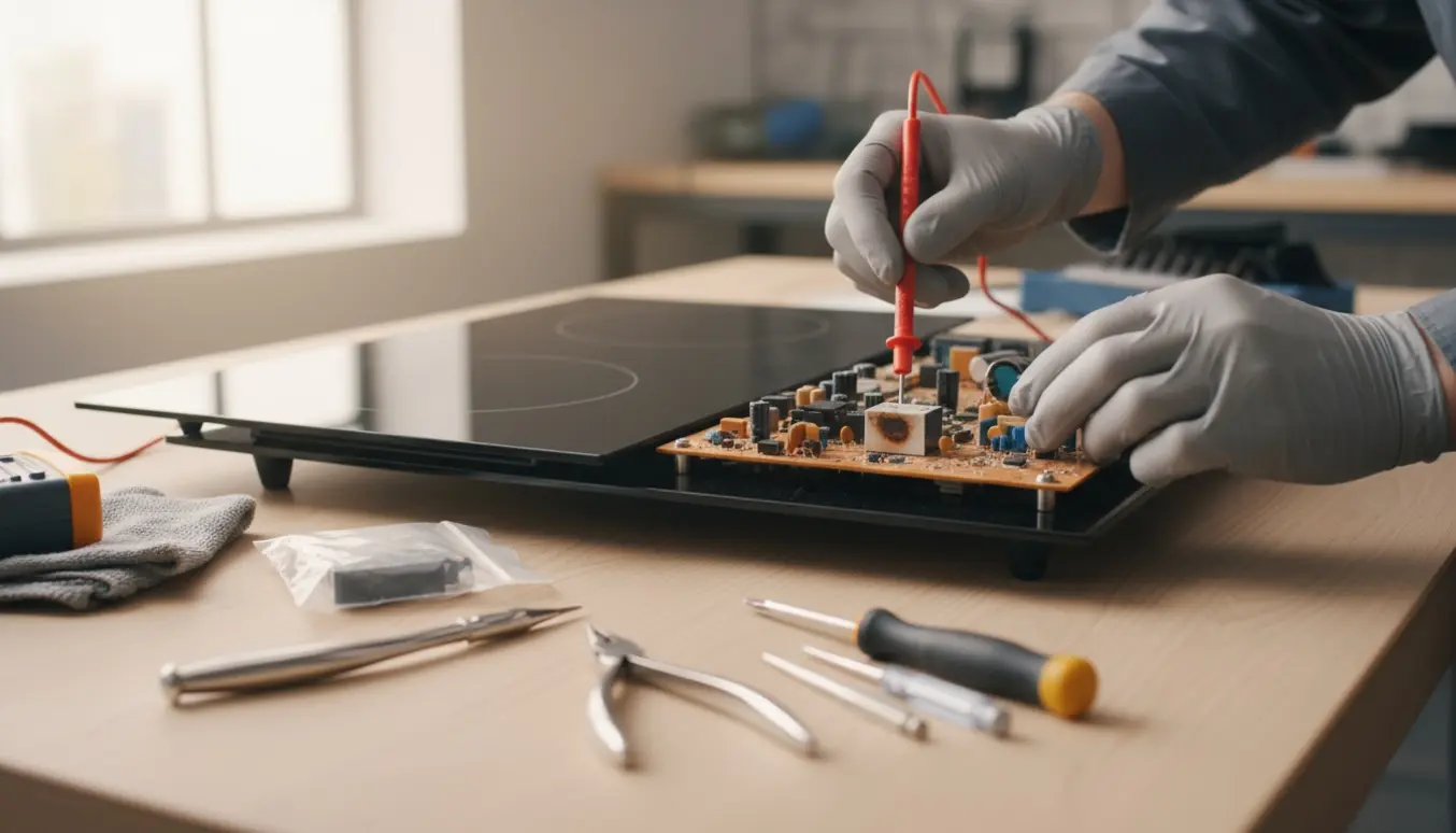 Åben induktionskogeplade på værksted, tekniker måler komponenter på printpladen.