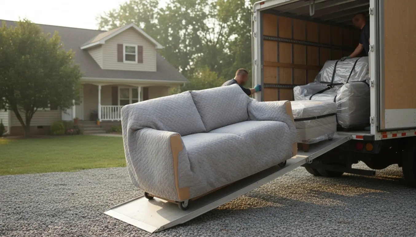 Sofa, lænestol med skammel og sofabord pakket og læsset ind i en flyttevogn.