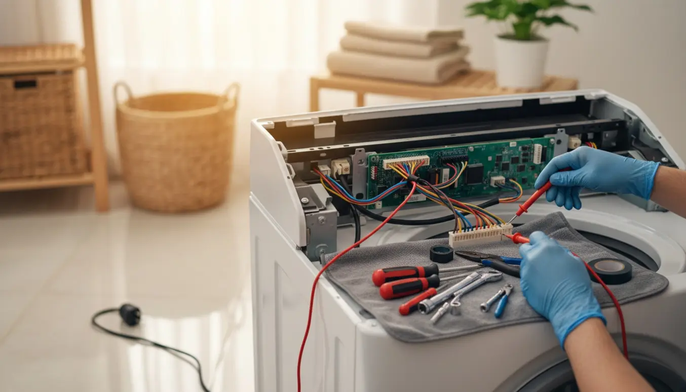 Tekniker undersøger åben vaskemaskine med multimeter og værktøj i et lyst vaskerum.