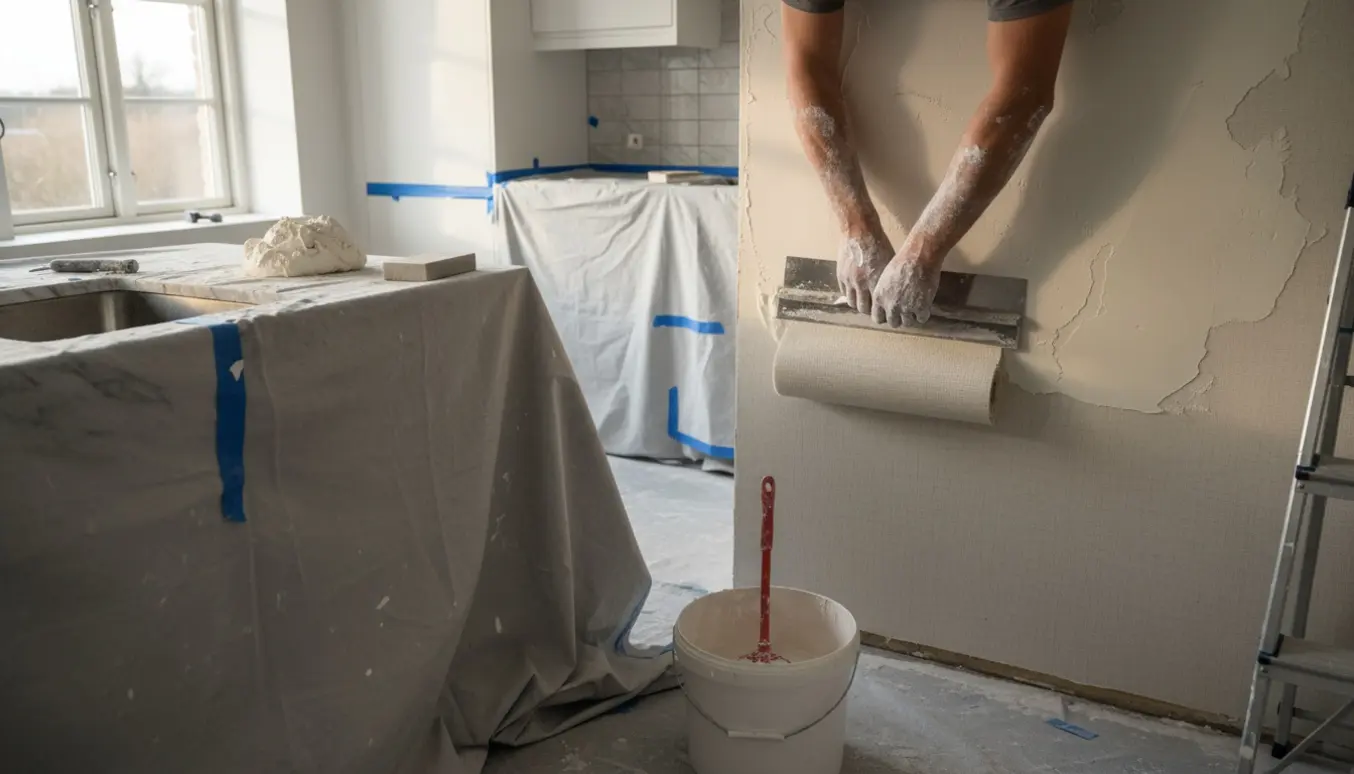 Hænder glatter frisk spartelmasse ud og trykker væv ind på en køkkenvæg under renovering.