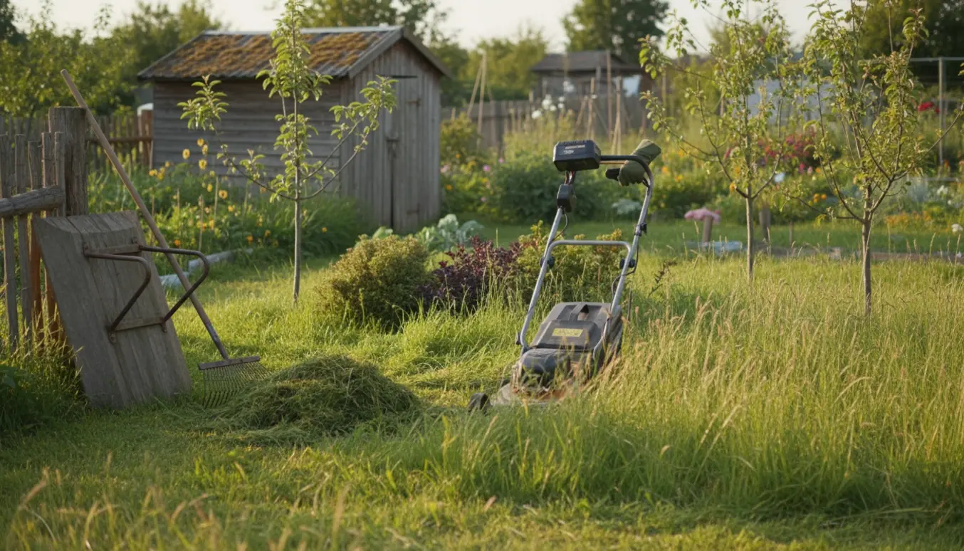 Kolonihave med overgroet græs og en batteridrevet plæneklipper stående ved kanten af græsset.