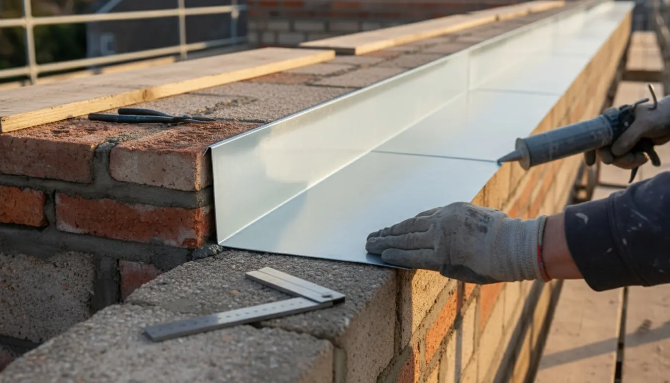 Håndværker monterer zink/alu murkrone på en lang mur med fokus på metalprofil og værktøj.