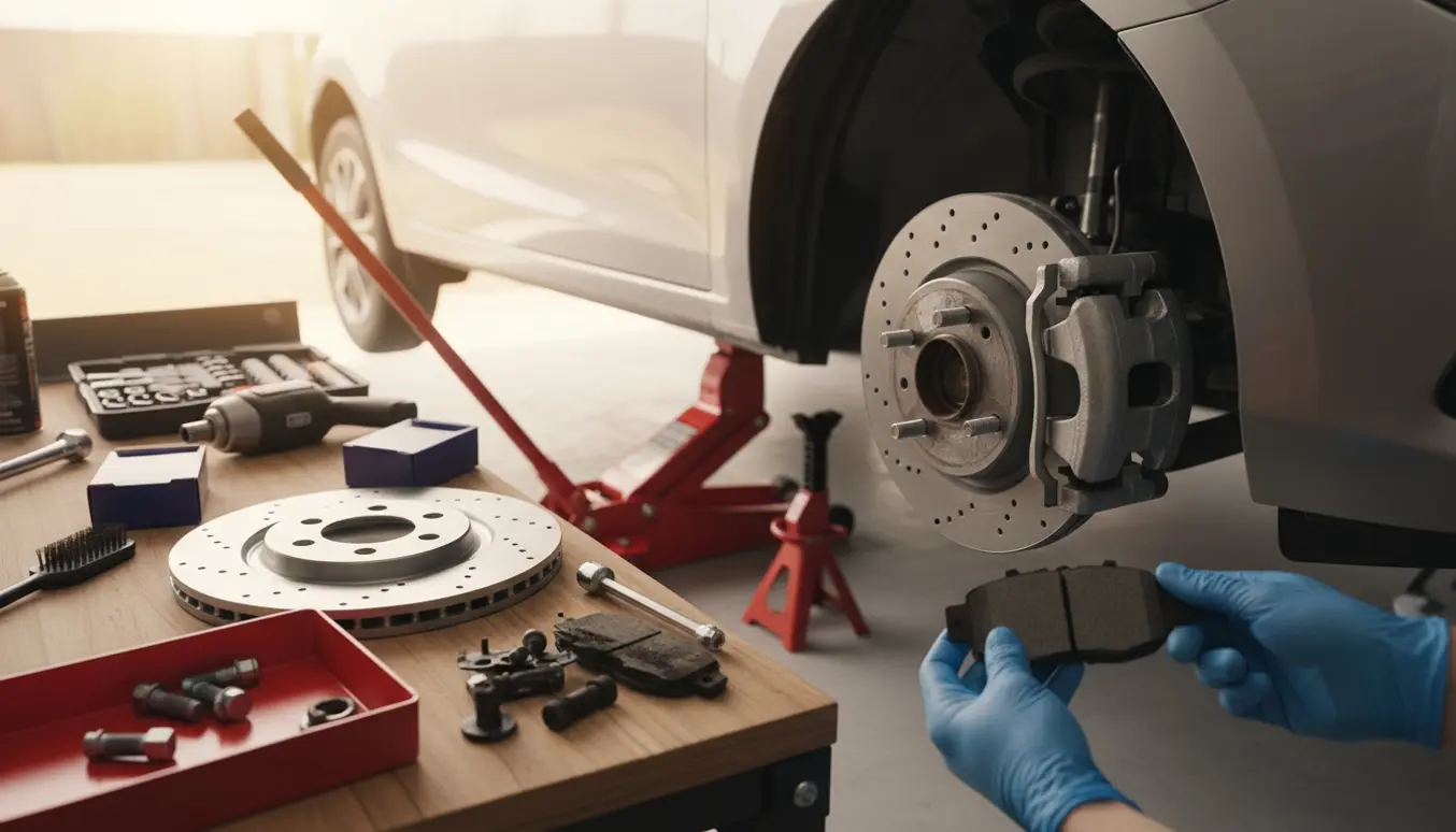 En lille bil på donkrafte med hjul fjernet og nye bremseklodser og skiver klar til montering.