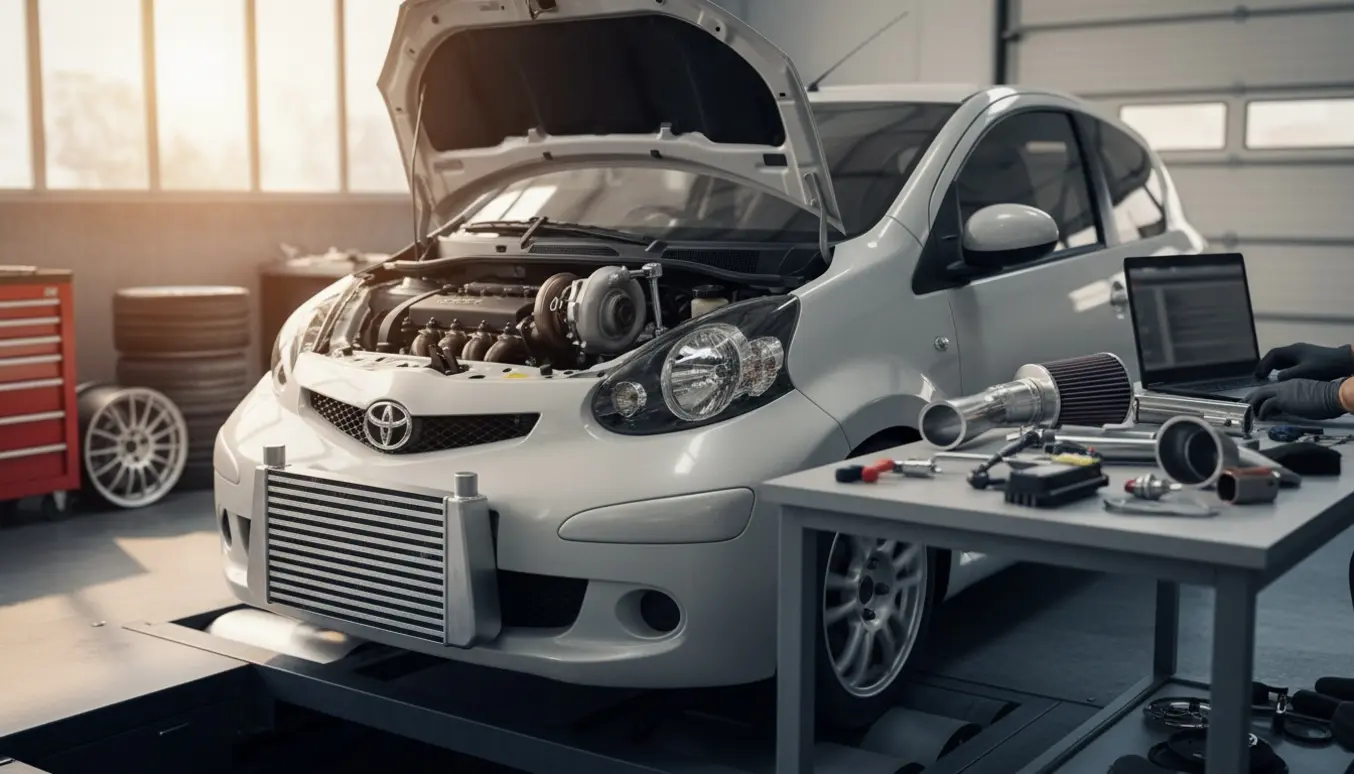 Toyota Aygo 2010 på et tuningværksted med åben motor og turbodeler klar til montering.