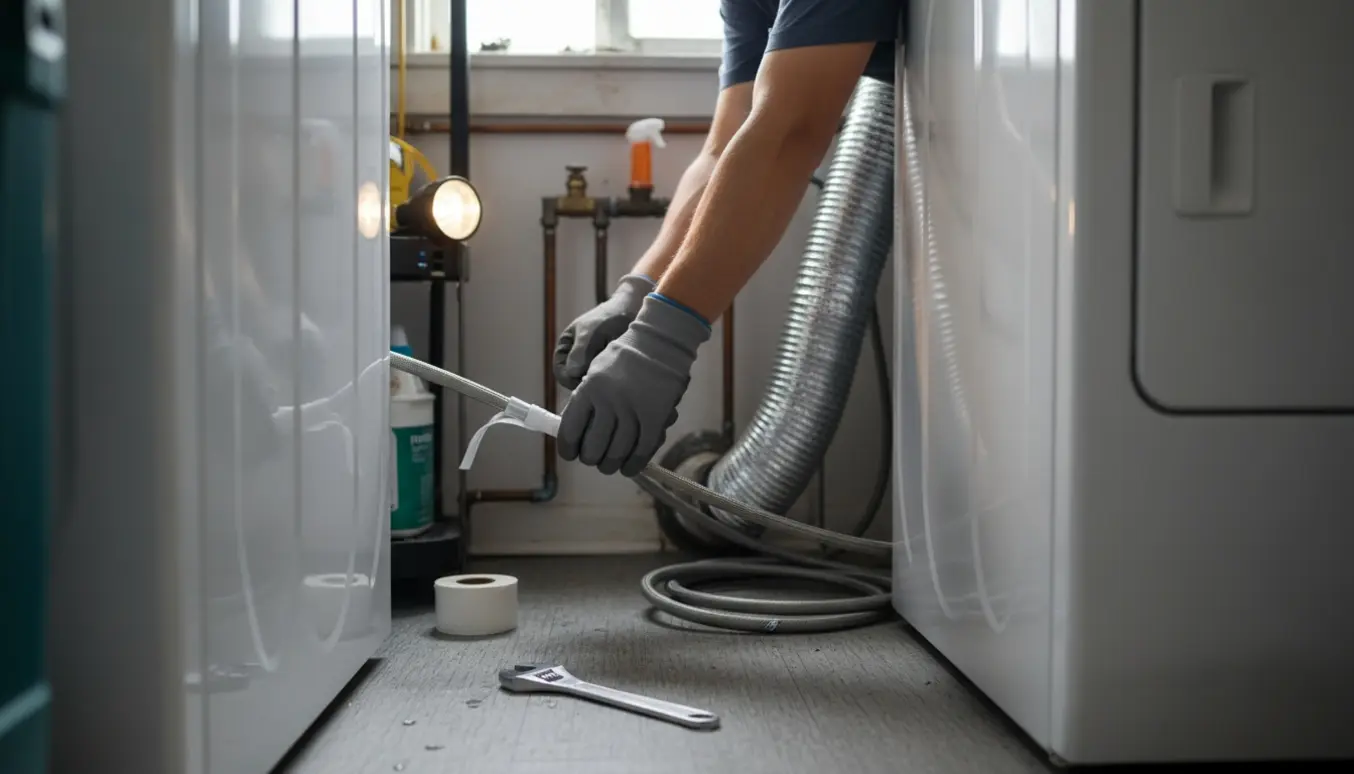 Nærbillede af hænder, der tilslutter vandslange til vaskemaskine i et trangt bryggers med værktøj og rør.