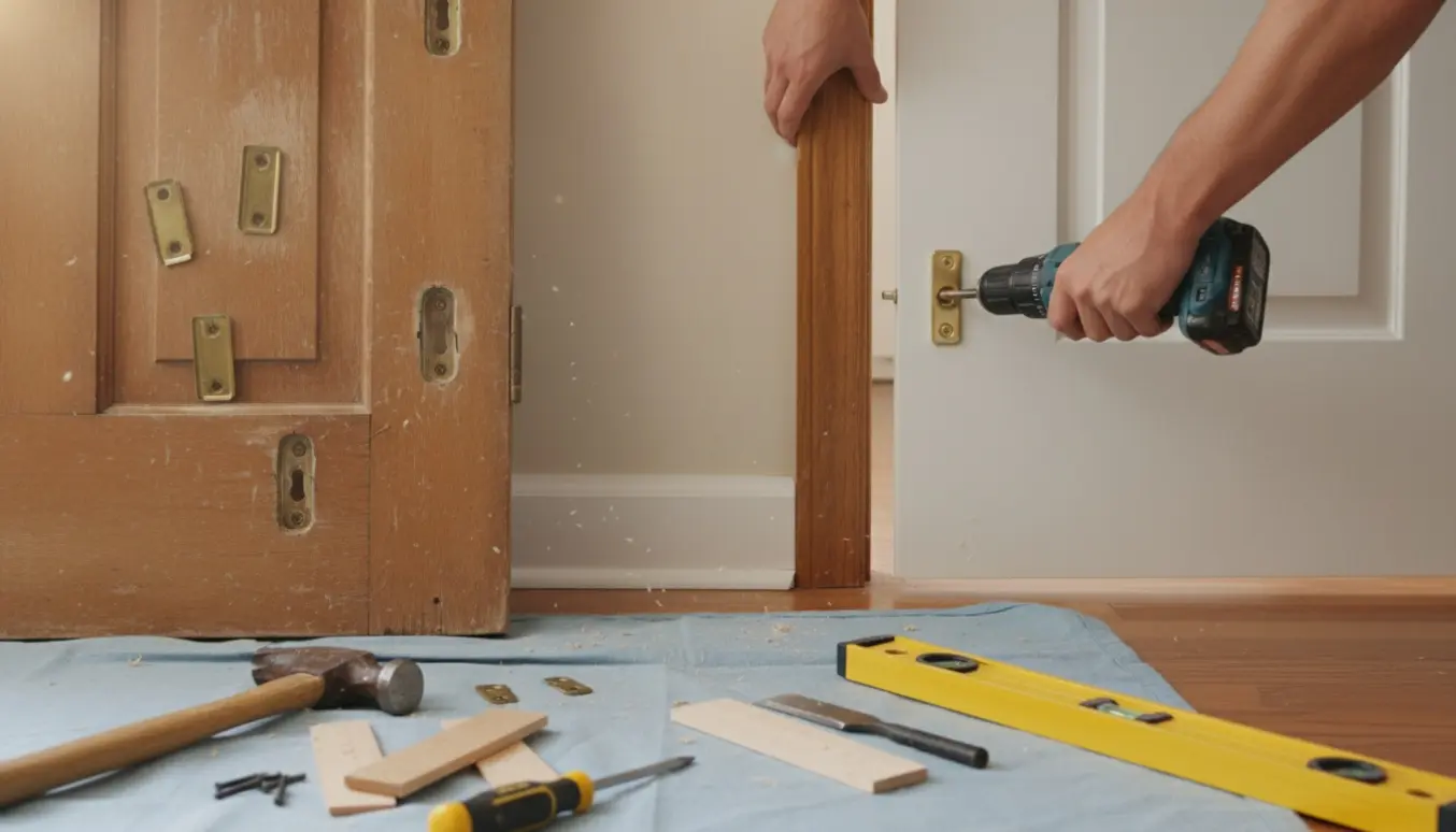 Indvendig dør monteres i karm med hængsler og værktøj, hænder synlige men ansigter ikke tydelige.