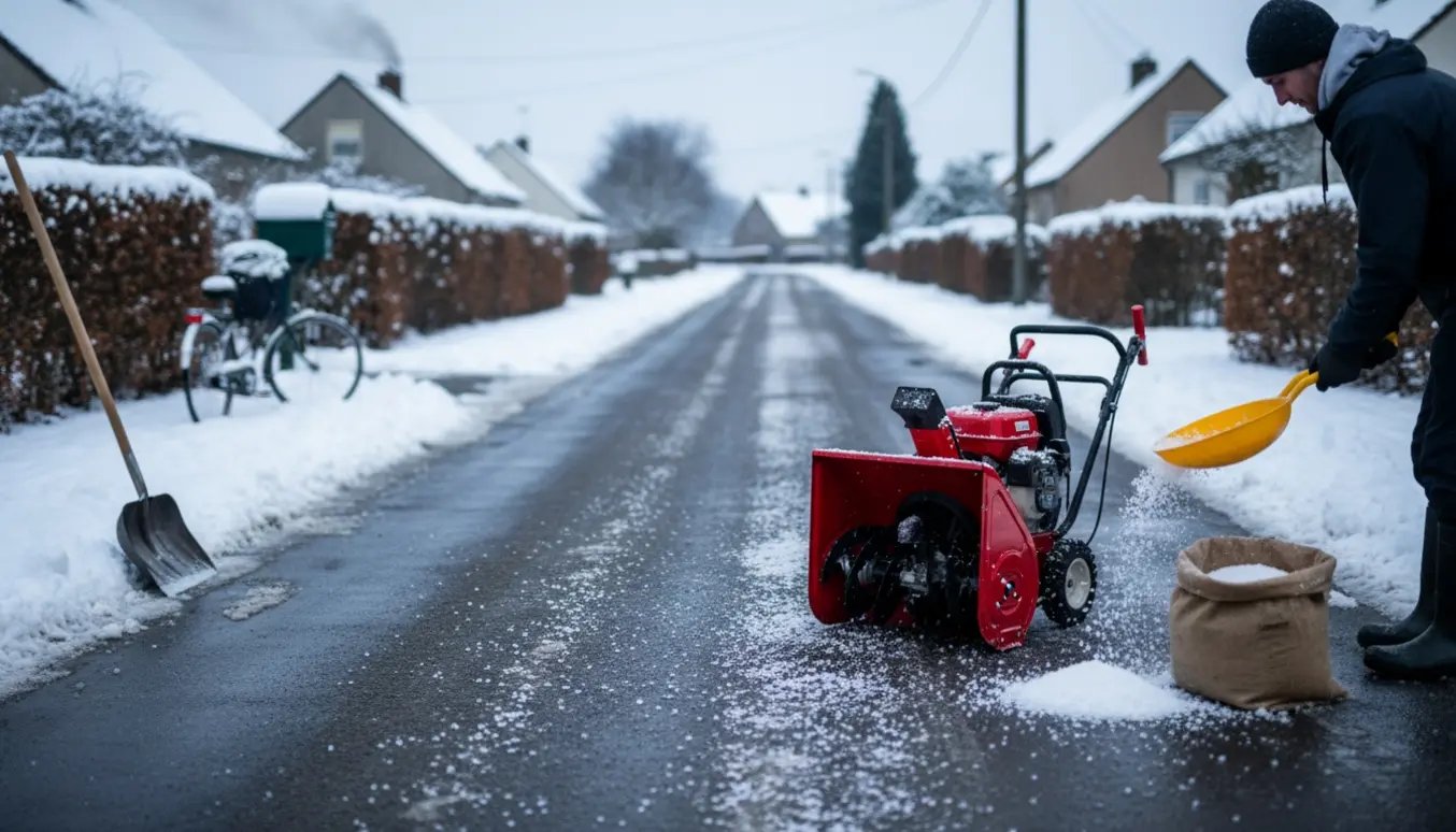 Snerydning og saltning af en lille privat fællesvej med skovl, saltspreder og spredt vejsalt.