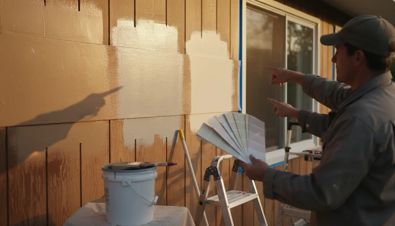 Husfacade med malingsprøver og malerværktøj, to personer diskuterer farvevalg uden tydelige ansigter.