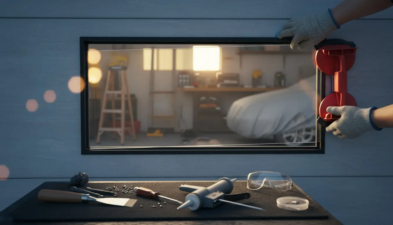Handskerede hænder monterer en ny glassrude i en garageports ramme med værktøj og naturligt dagslys.