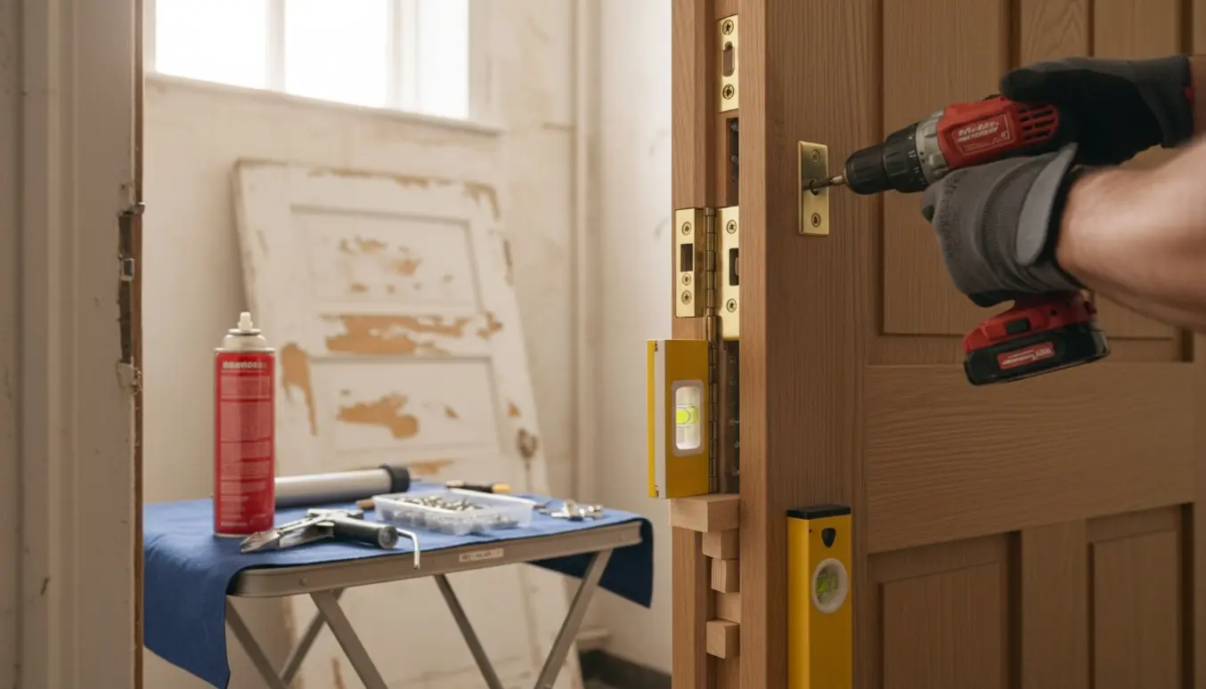 Hænder monterer en ny opgangsdør i karmen med boremaskine, kiler og værktøj i en lys opgang.