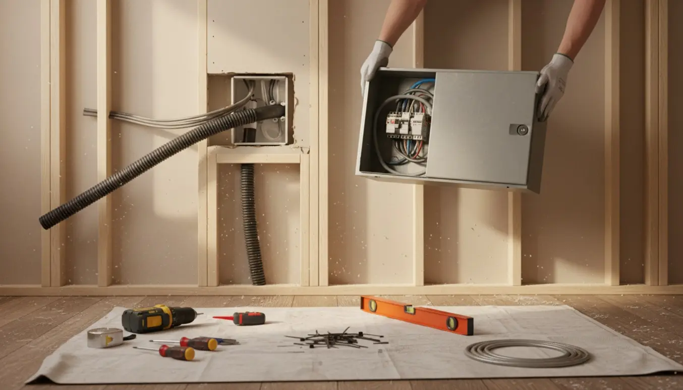 Elektriker med handsker holder en åben eltavle foran en væg med blottede stolper og ledninger under flytning.