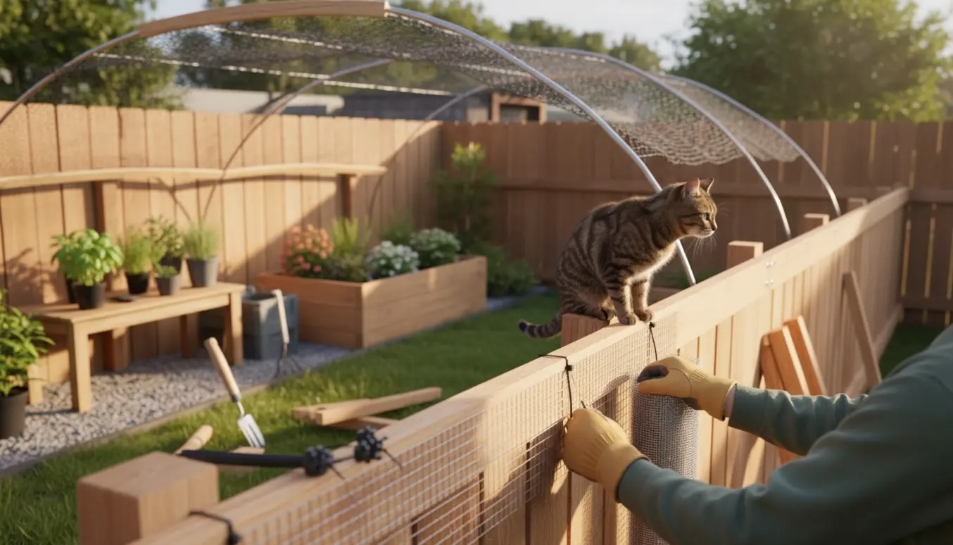 Hænder monterer kattehegn i en lille solbelyst have med en kat indeni.