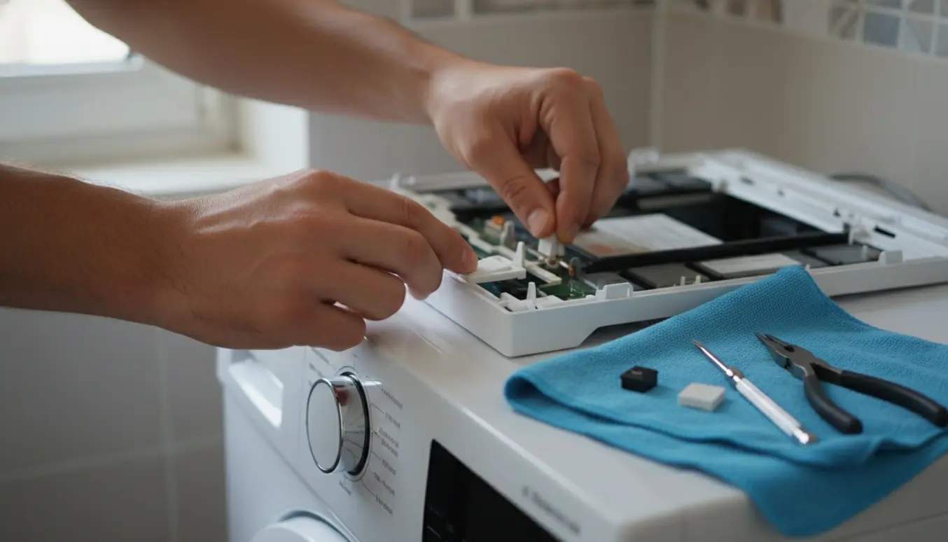 Nærbillede af hænder, der reparerer en fastsiddende tænd/sluk-knap på en frontbetjent vaskemaskine med værktøj ved siden af.