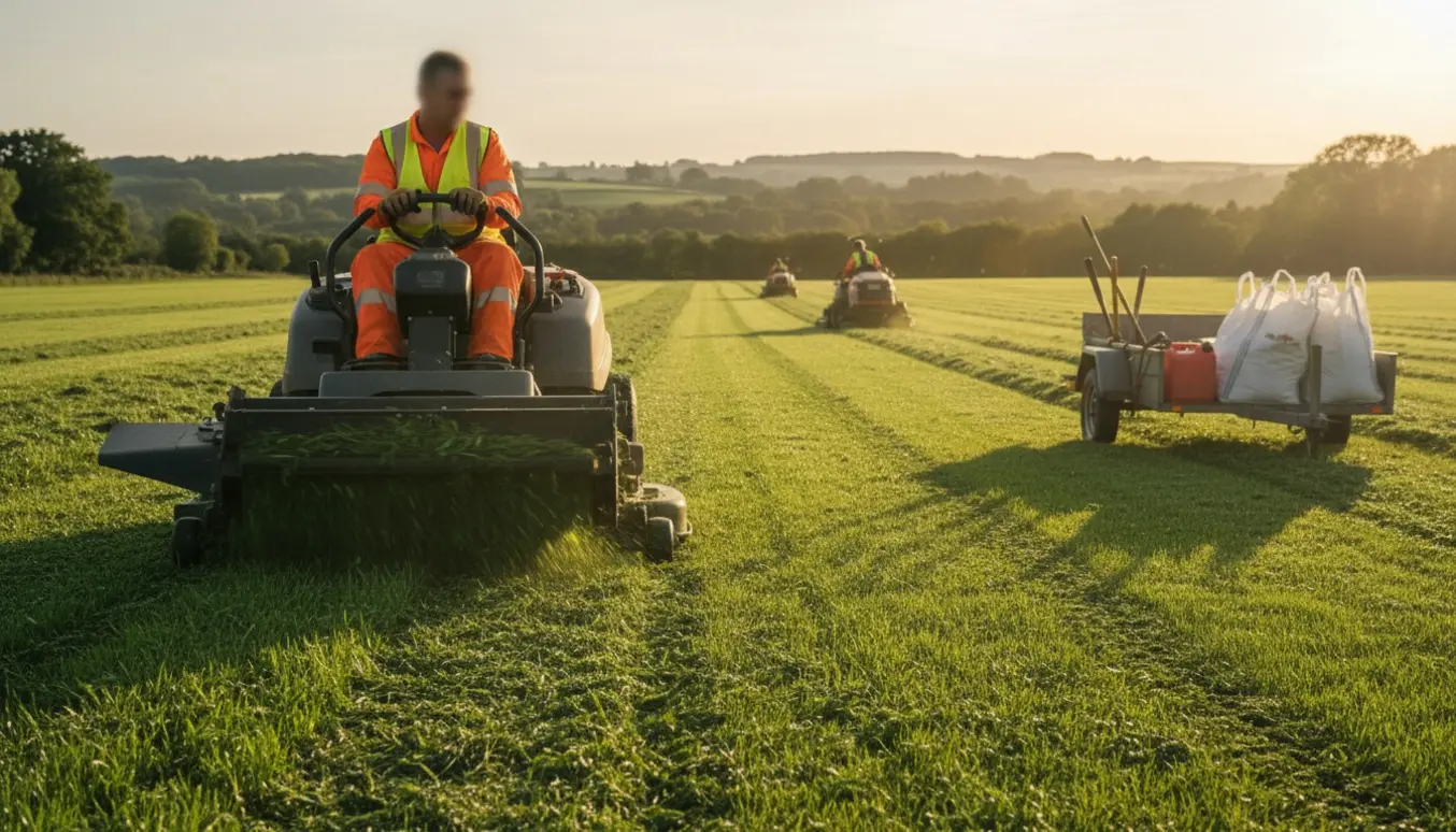 En ride-on plæneklipper slår en stor, stripet græsplæne med flere maskiner i baggrunden.