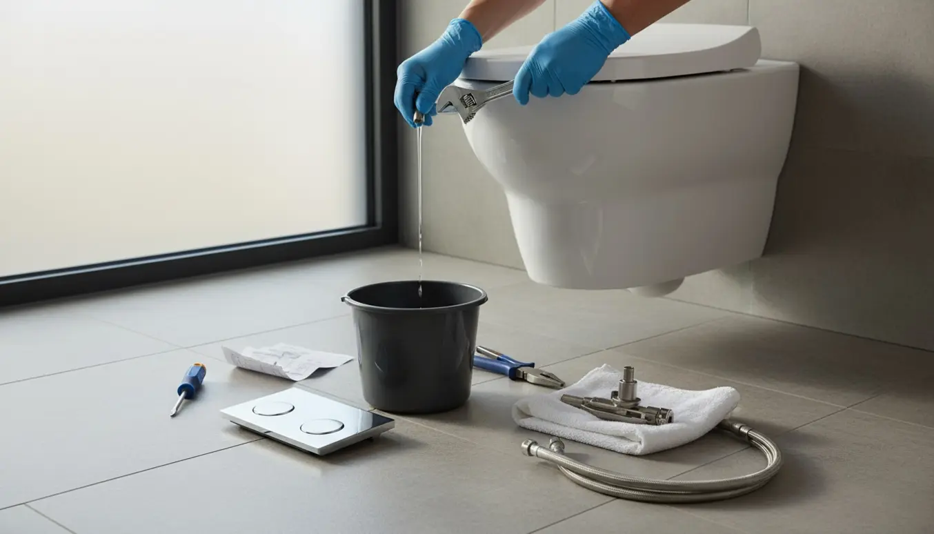 Væghængt Grohe-toilet med åben indbygningscisterne, dryppende vand og værktøj klar til reparation.