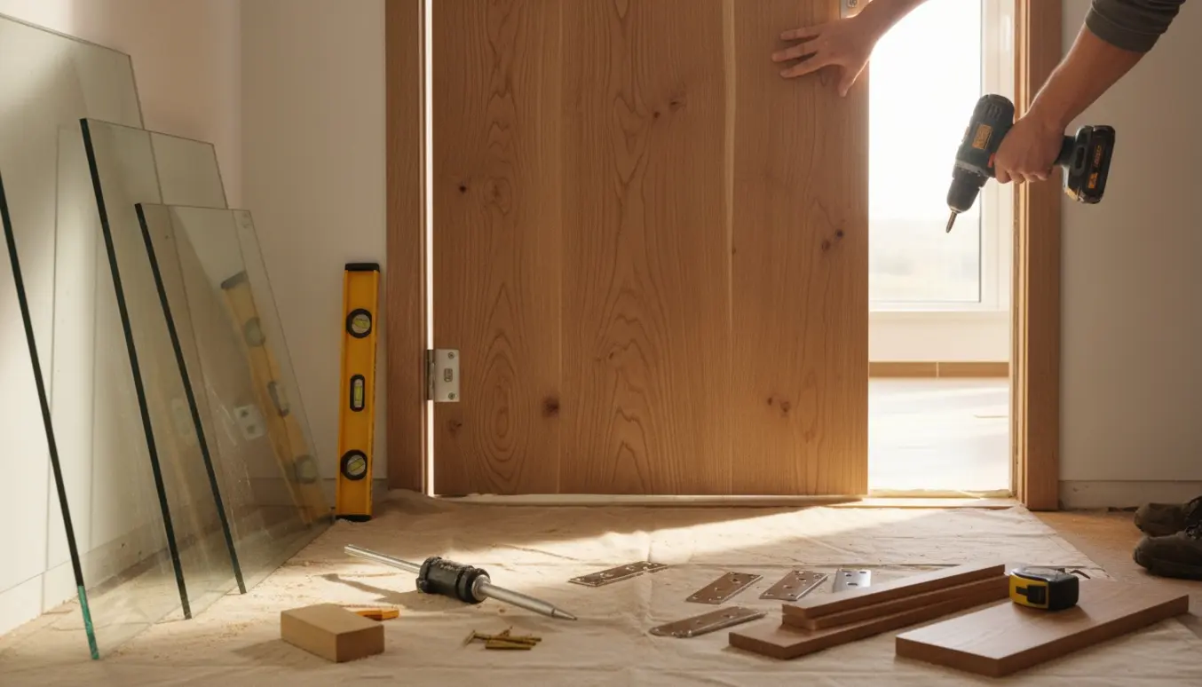 Håndværker fører en trædør på plads i et smalt indvendigt dørhul med værktøj og lister omkring.