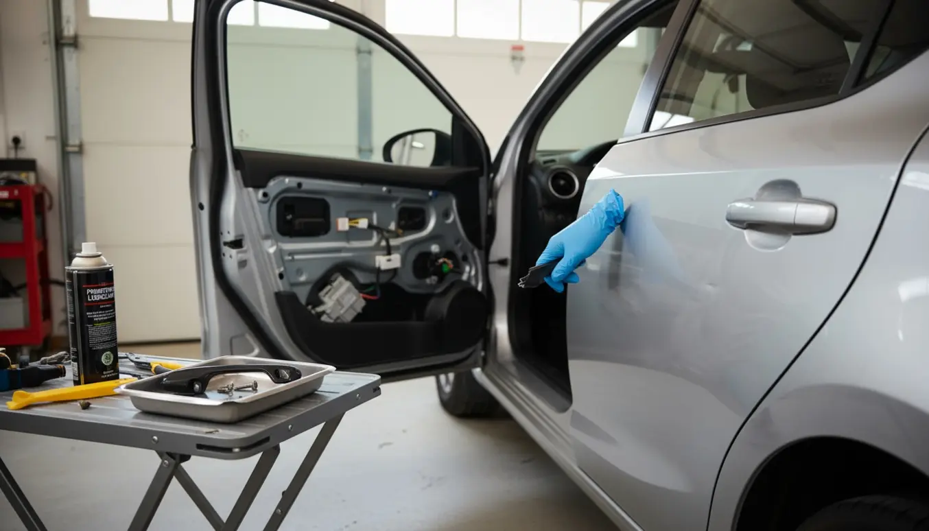 Nærbillede af en åben bildør med fjernet dørpanel og et knækket håndtag, mens en handskeklædt hånd trykker på førerdørens håndtag.