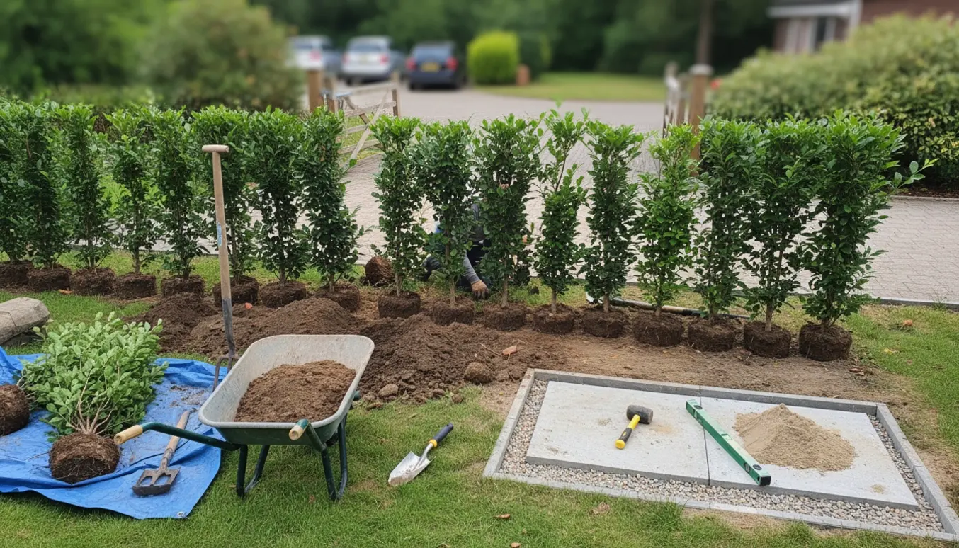 Opgravning af bøgehæk ved en havelåge med to-fliser lagt og haveredskaber ved siden af.