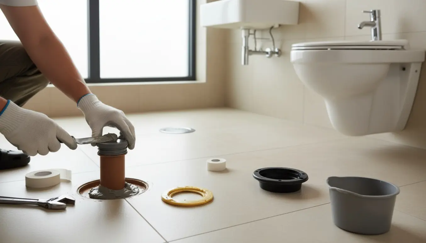 Nærbillede af hænder, der afpropper et gulvafløb efter fjernelse af et gulvstående toilet i et lyst badeværelse.