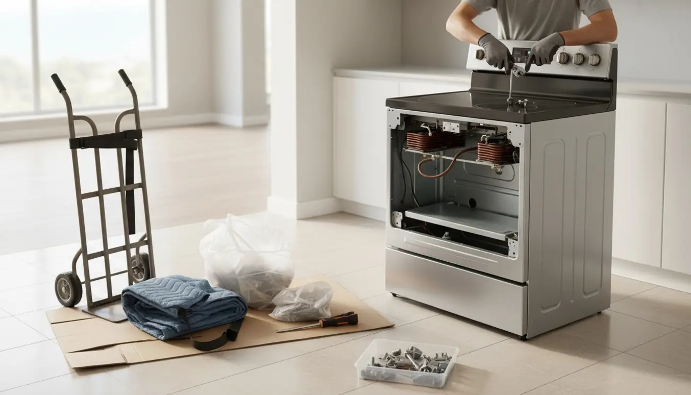 Et elektrisk komfur er delvist afmonteret i et lyst køkken med værktøj og flytteudstyr klar til bortskaffelse.