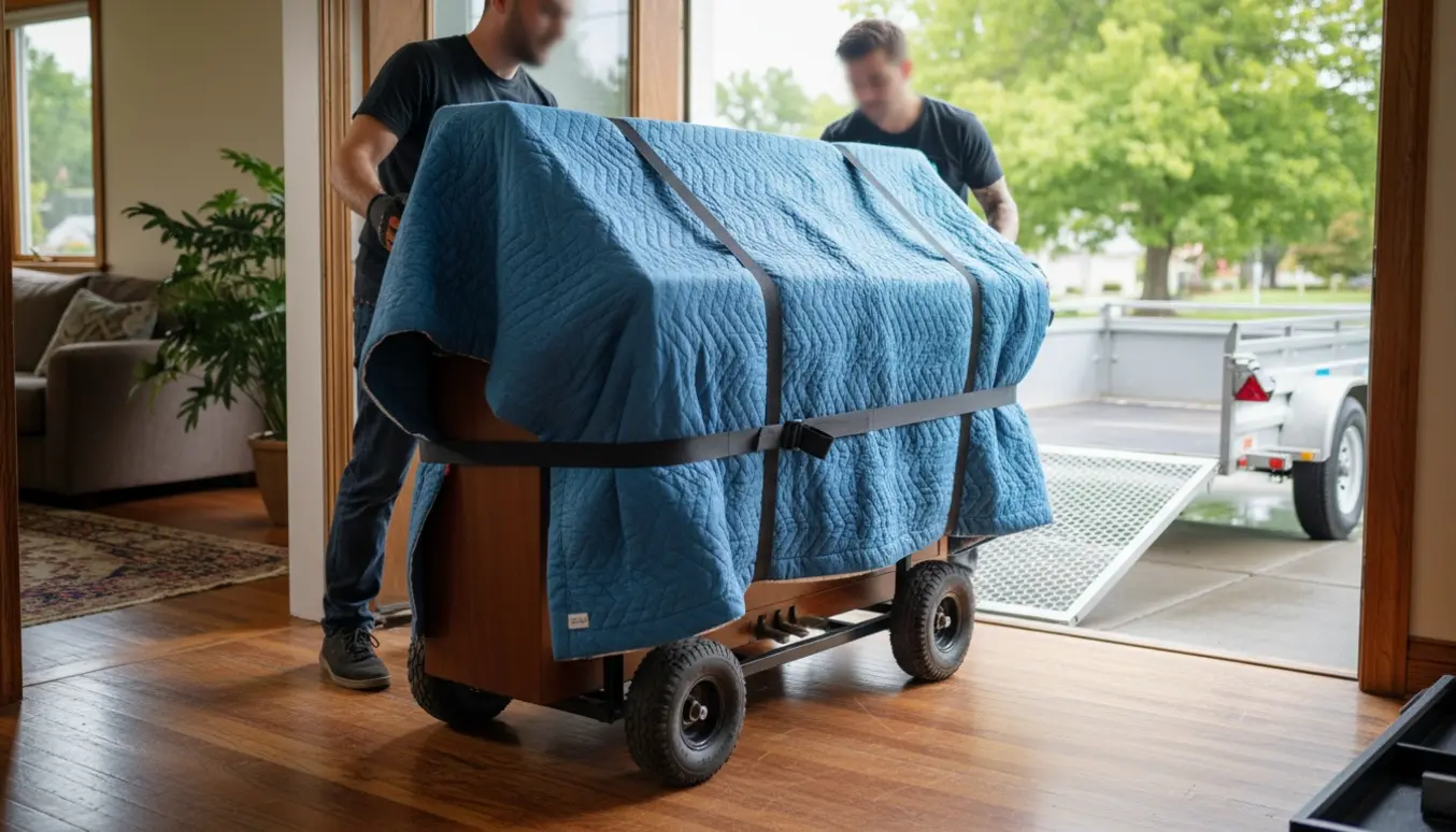 Et indpakket opretstående klaver bliver båret fra stuen ud på en trailer med flyttetæpper og remme.