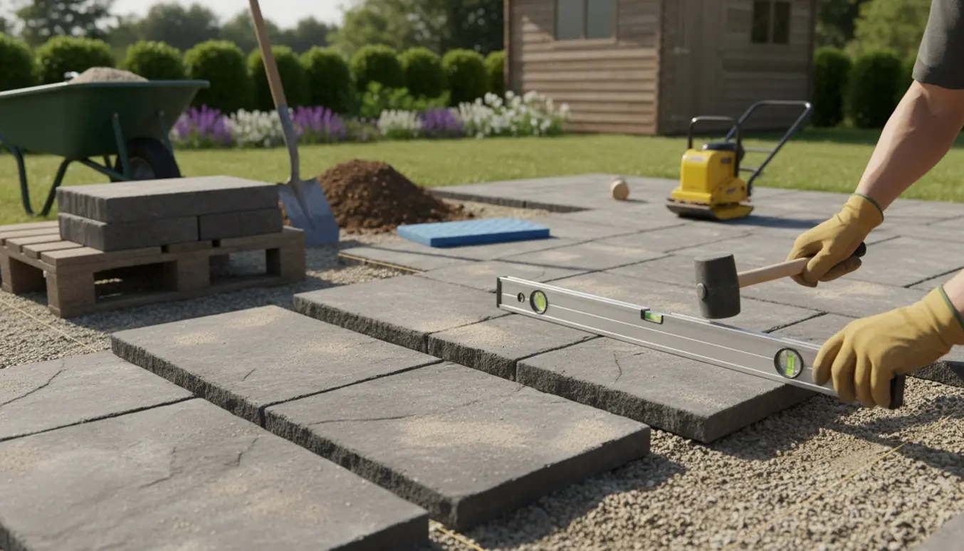 Delvist anlagt terrasse i en have med fliser, værktøj og arbejdshandsker.