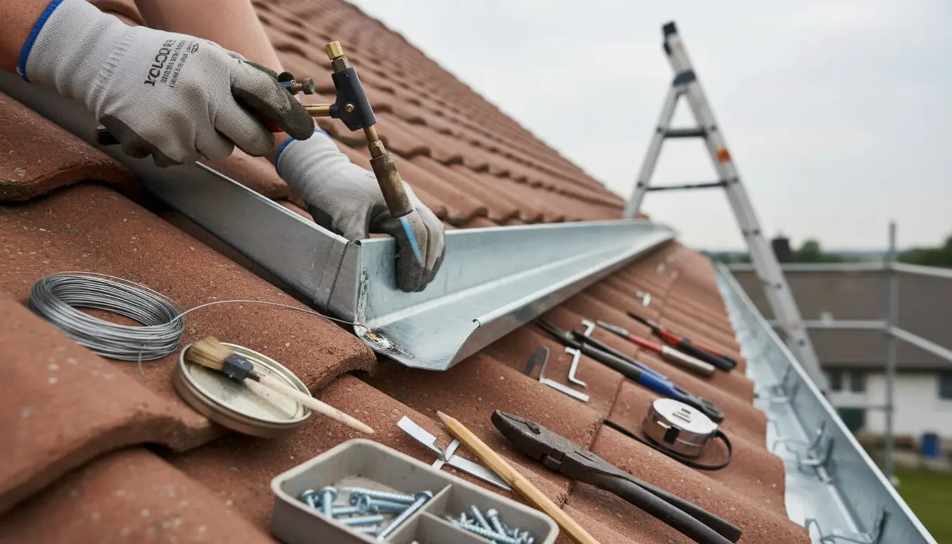Nærbillede af lodning af zinktagrende ved tagkanten, hænder arbejder med gasbrænder og fittings.