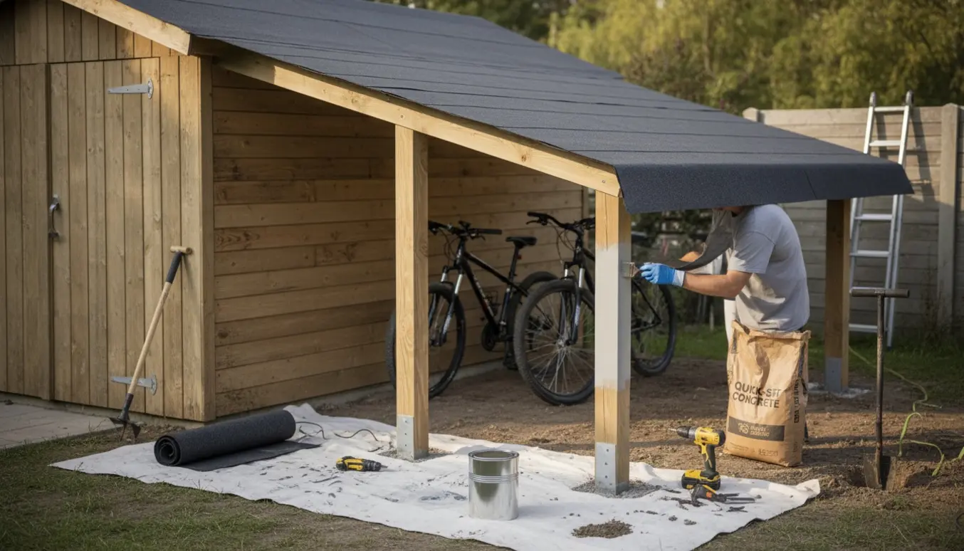 Forlænget trægarage med ny tagpap og to stolper, hvor en stolpe bliver malet.