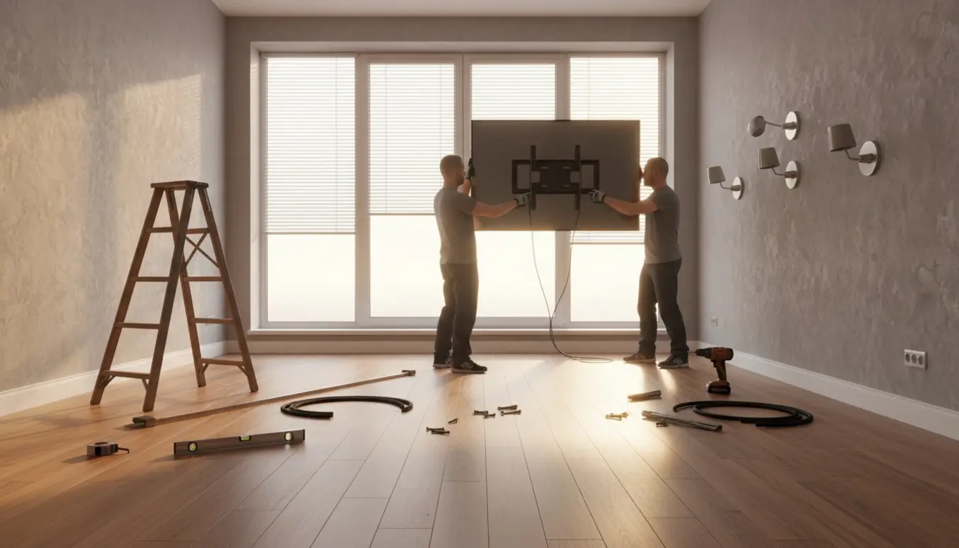 Montør monterer tre lamper, et vægmonteret TV og to persienner i et lyst stueinteriør.