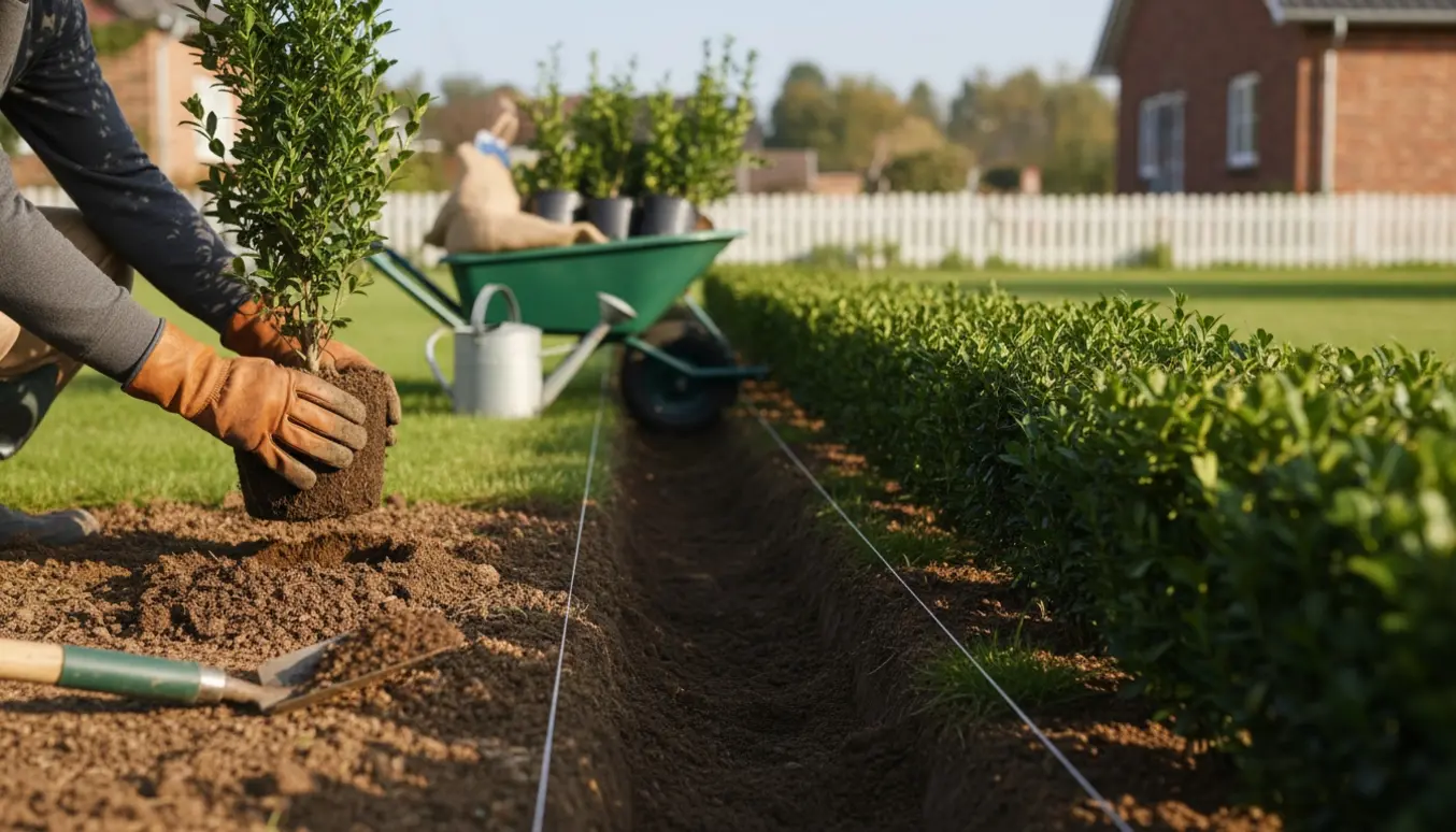Hænder planter ligusterplanter langs en markeret hæklinie med spade og trillebør.