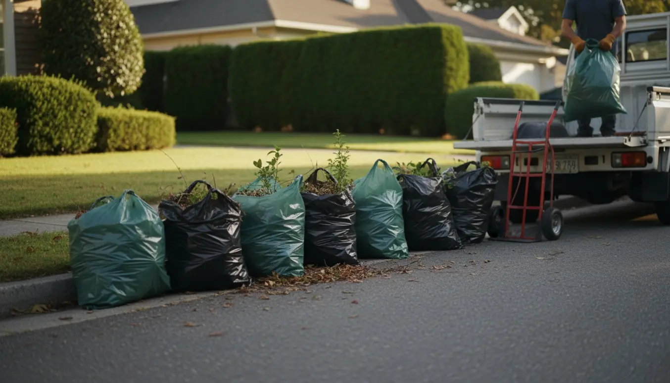Syv sække med haveaffald ved fortovet ved en åben pickup klar til afhentning.