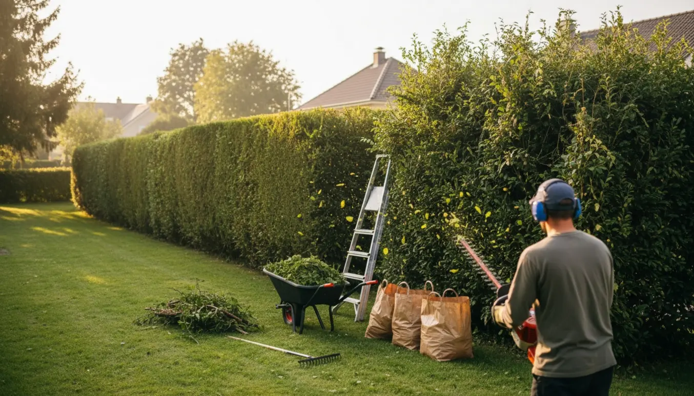 En nyslået hæk set bagfra med en gartner, trimmer, trillebør og bunker af afklip klar til afhentning.