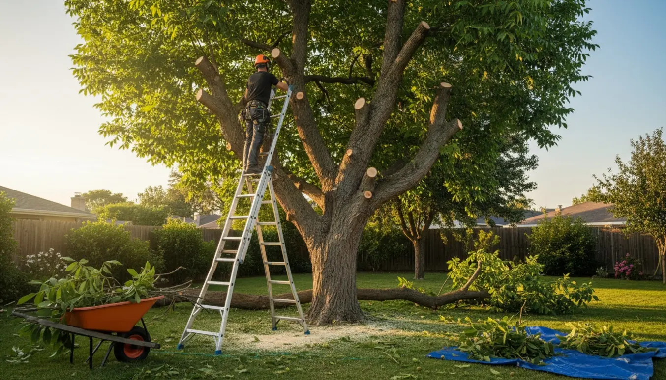 En person beskærer et højt valnøddetræ fra en stige, mens afskårne grene ligger i trillebøren i en have.